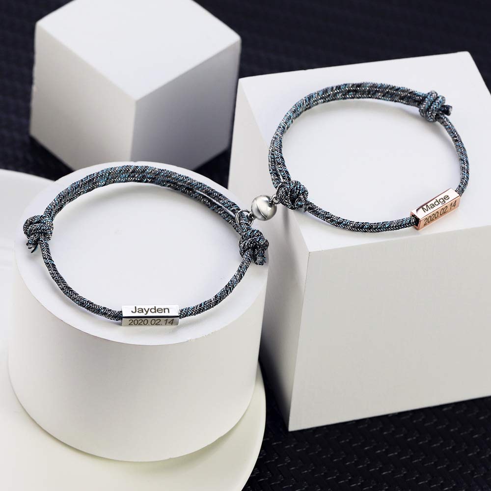 Pulsera Personalizada 1 par Pulsera de Nombre Personalizada La Promesa del imán de Amor Eterno se atrae Entre sí, Parejas de Acero estañado, Pulsera grabada (Color : 1 Pair)