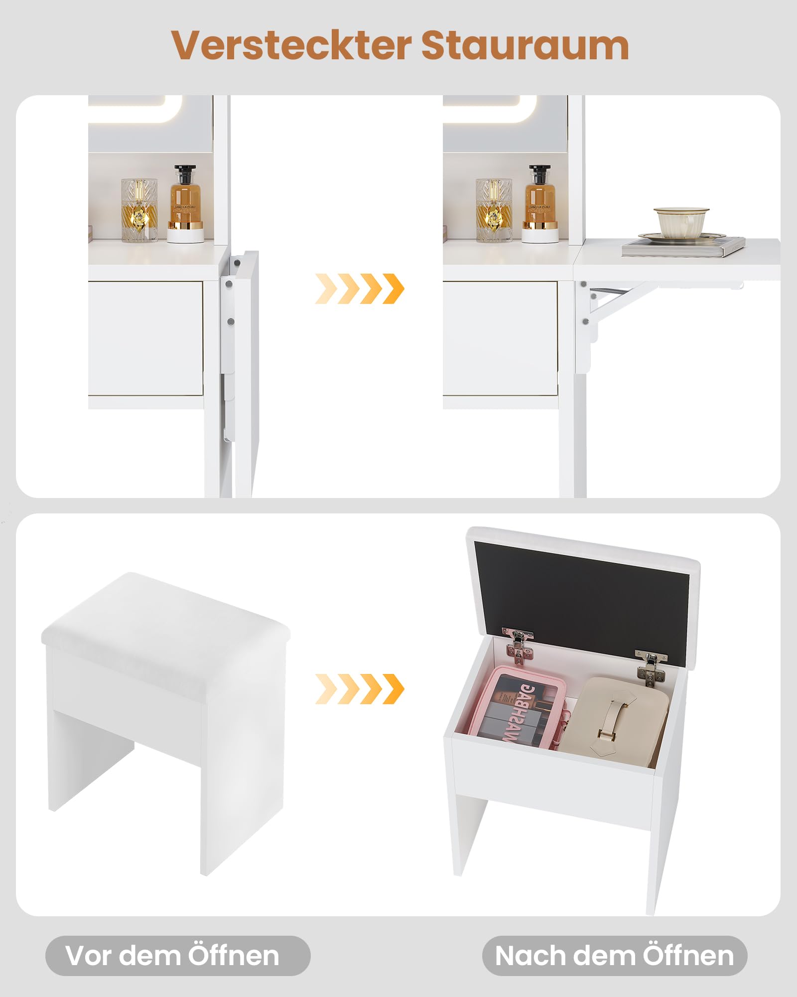 KIMENICH Schminktisch mit Beleuchtung, 3 Farben, Einstellbare Helligkeit, Schminktisch Klein mit Hocker, 1 klappbare Platten, Kosmetiktisch, Frisiertisch mit Spiegel, Verstellbaren Ablagen, Weiß