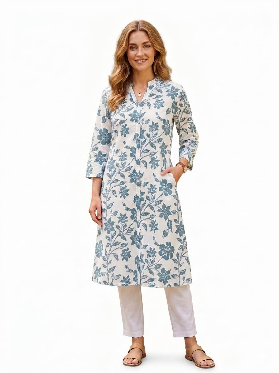 Women’s Floral Printed A-line Kurti | Summer Kurtis 3/4 Sleeve Regular Fit Aline Printed Kurta-image-0