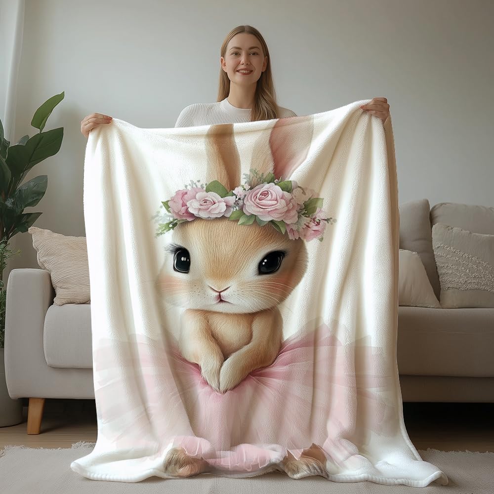 Bunny Throw Blanket Ballet Blanket for Girls Rabbit Flannel Cute Animal Print Rabbit Blankets for Kids Warm Soft Flannel Bed Sofa (59in x 70in)