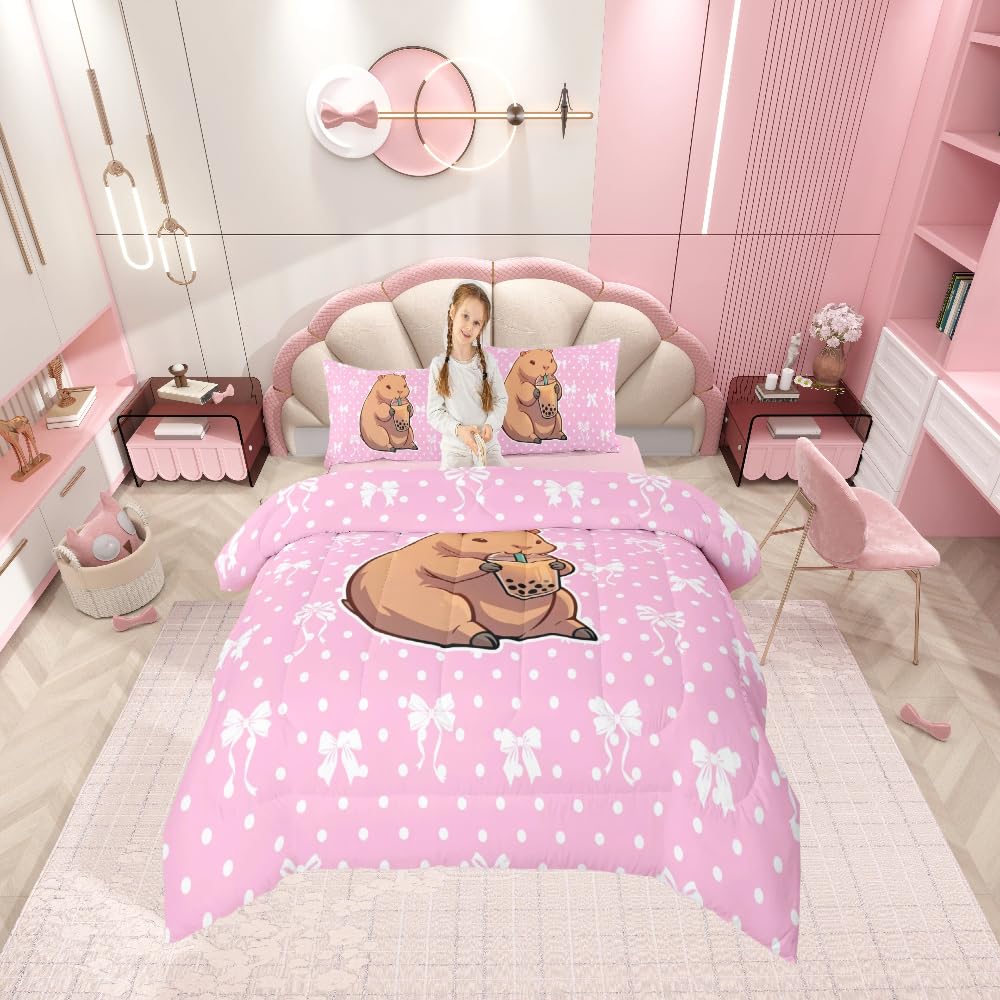 Loussiesd Pink Bow Single Capybara Bedding Set for Kids Polka Dot Duvet Cover Decor Kawaii Animal Comforter Cover 2Pcs Room Decor