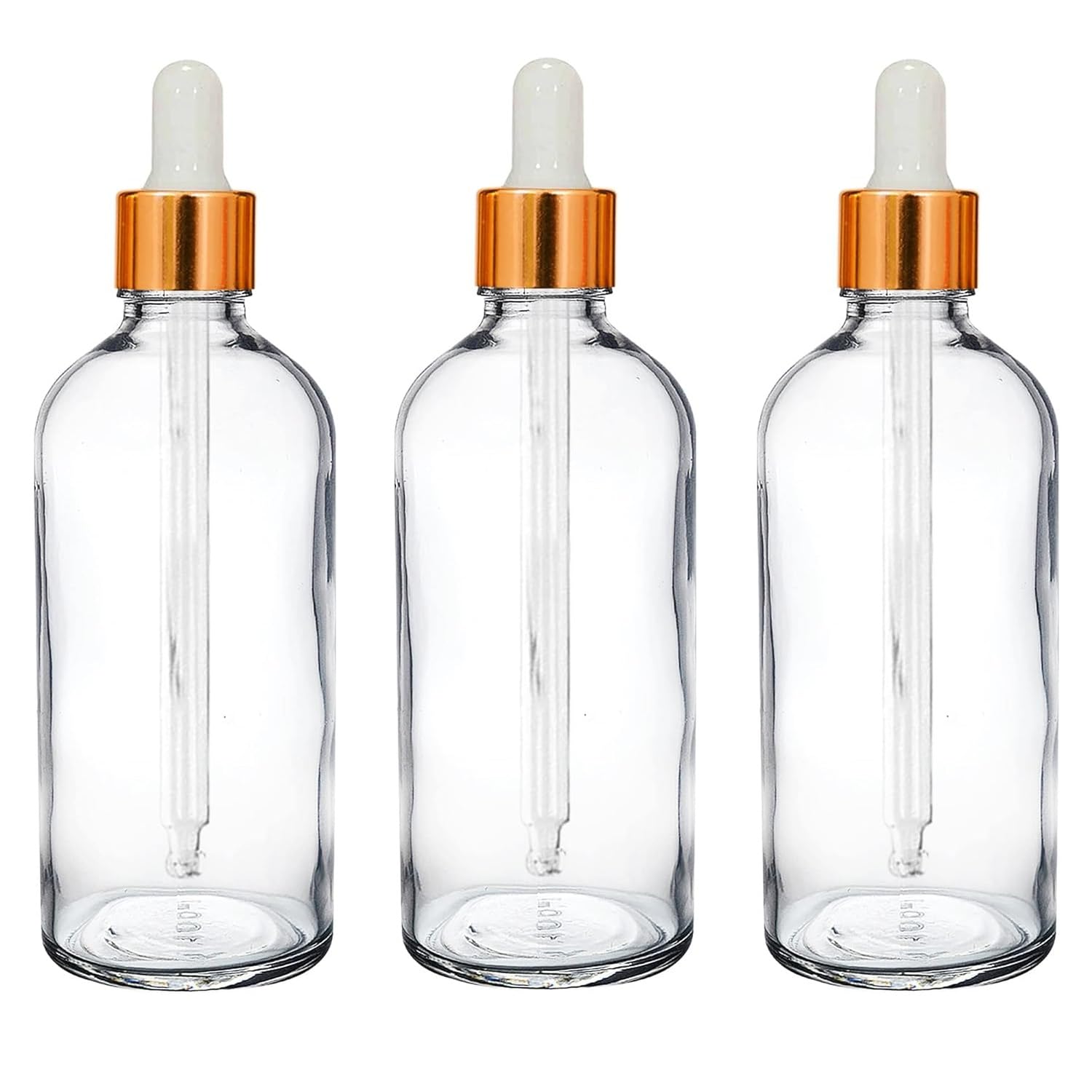 Mkd2 Rise 100 ML Clear/Transparent Round Empty Glass Bottle + Dropper + Gold Ring + Silcon White Teat (Pack of 3) Refillable, Leak Proof For Essential Oils, Perfumes-image-48