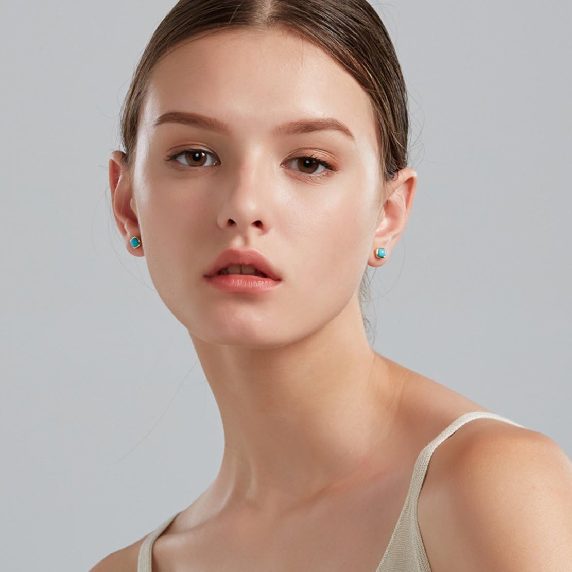 Sterling Silver Turquoise Stud Earrings for Women Cushion Cut 18K Gold Plated Women's Earrings - Image 4