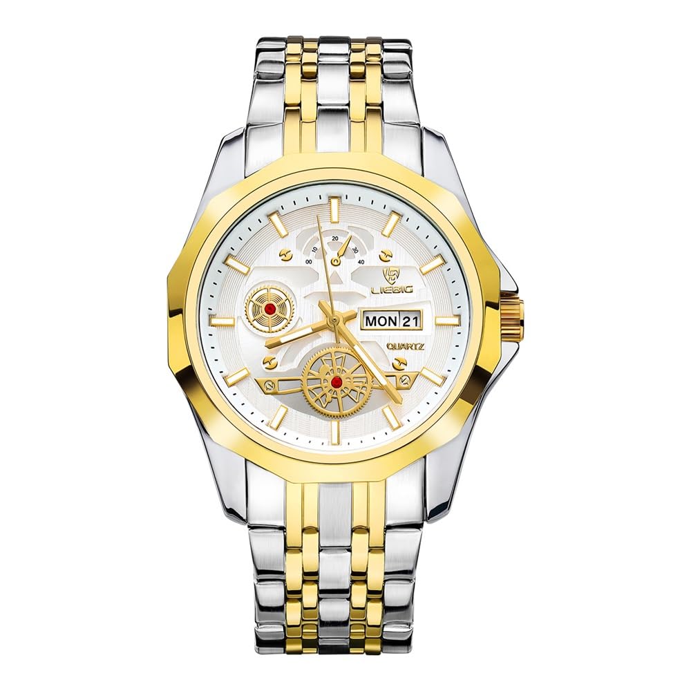 Liebig Stainless Steel Quartz Watch, Men Watches Analog Quartz Watch White Dial for Gentleman Business Waterproof Stainless Steel Couple Classics Watch Day and Date, White, Gold, L1037TGDWT (B0D4D61GQK) Amazon Price History, Amazon Price Tracker