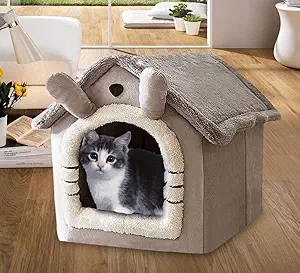 Sisliya Cat Beds for Indoor Cats Removable Washable Cat Houses for Outdoor Cats Soft Plush Warm Bed Cave Pets House (44 x 36 x 39 cm)