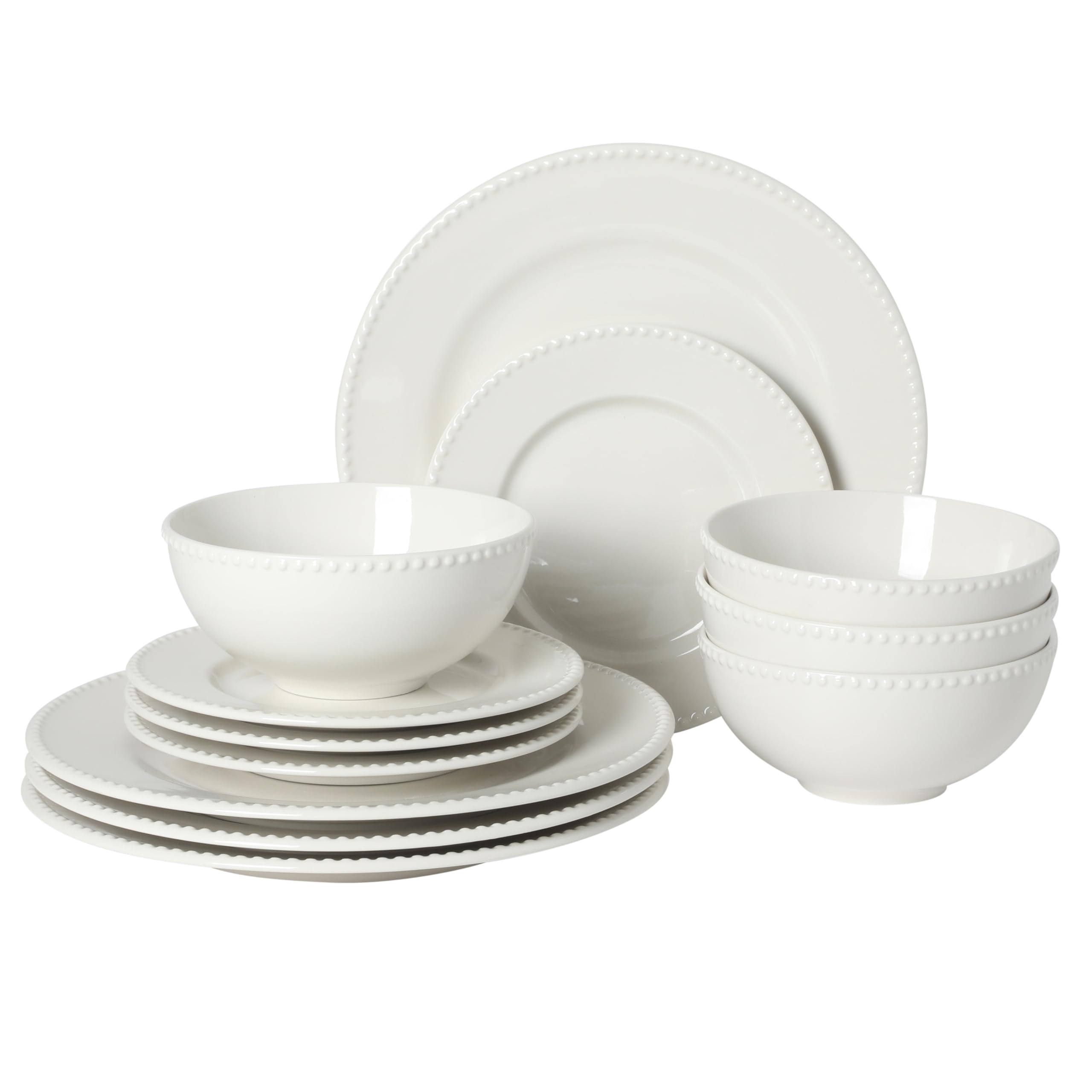 Gibson Home Caviara Teller und Schüsseln, 12-teiliges Geschirr-Set, weißer runder Perlenrand, Keramik-Schüssel-Set, Speiseteller, Salatteller & Müslischalen