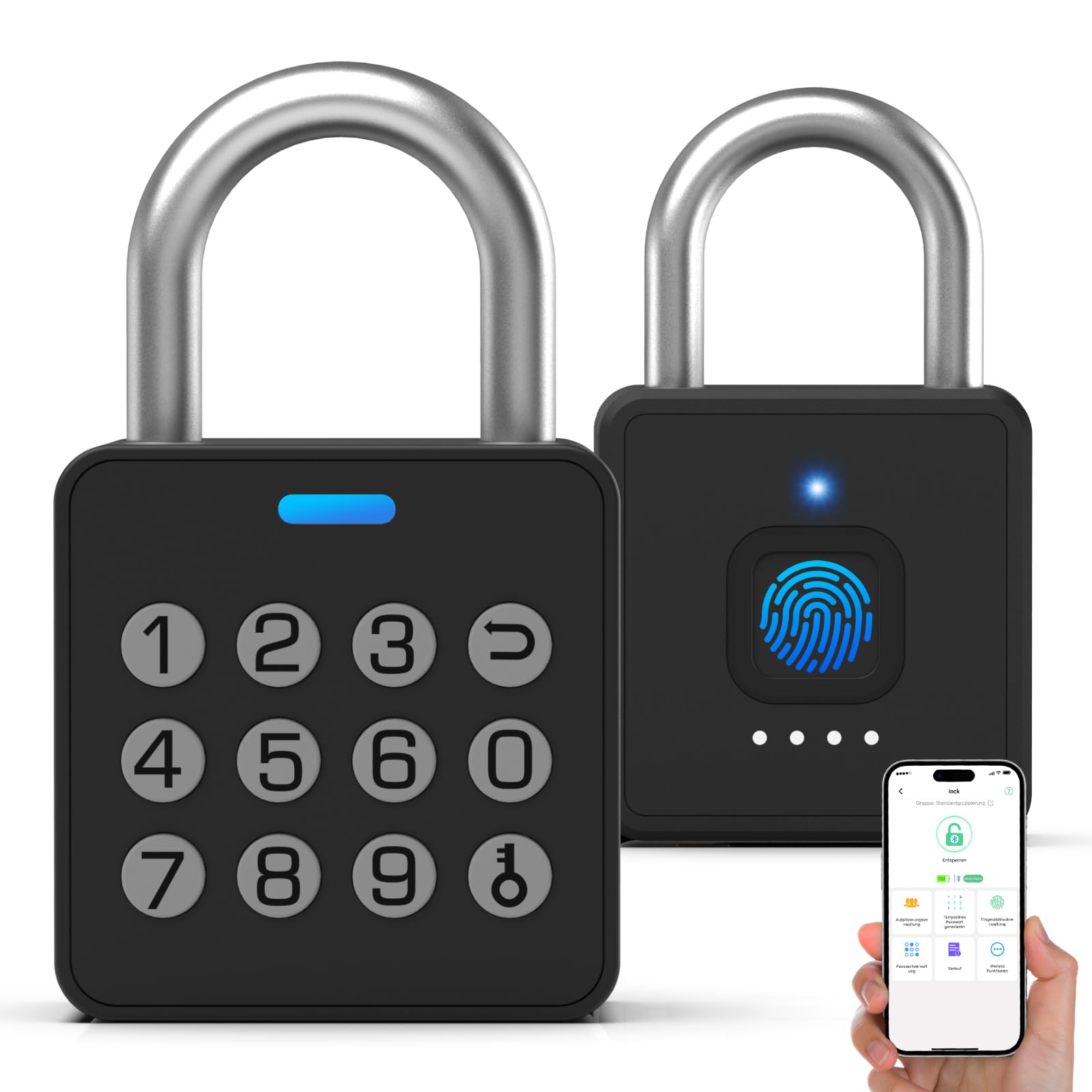 Anweller Zahlenschloss Vorhängeschloss mit Fingerabdruck, Fingerabdruck Smart Biometrie App Schloss, Vorhängeschloss Wetterfest für Gartentor, Spind, Fitnessstudio, Schulschrank, Keller