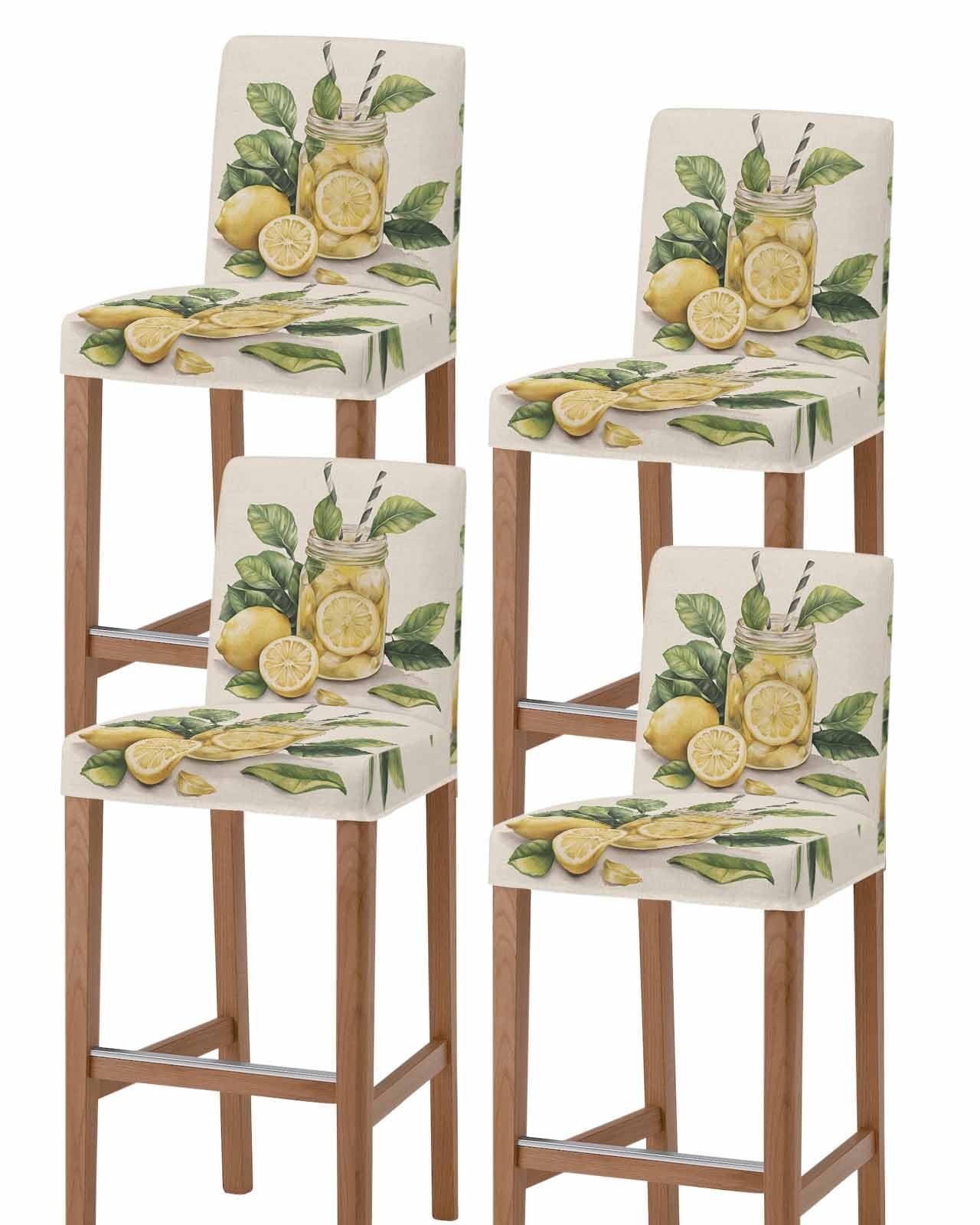 Wowouhiya Summer Lemon Bar Stool Covers - Stretch Dining Chair Covers Set of 4, Yellow Fruits Green Leaf Vase Vintage Bar Chair Cover Removable Counter Stool Pub Chairs Slipcovers Protectors