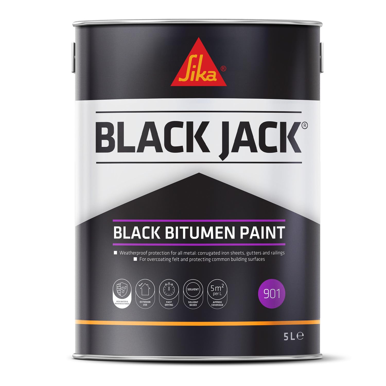 Sika Black Jack 901 Bitumen Paint, Solvent Based, Black, 5 Litre