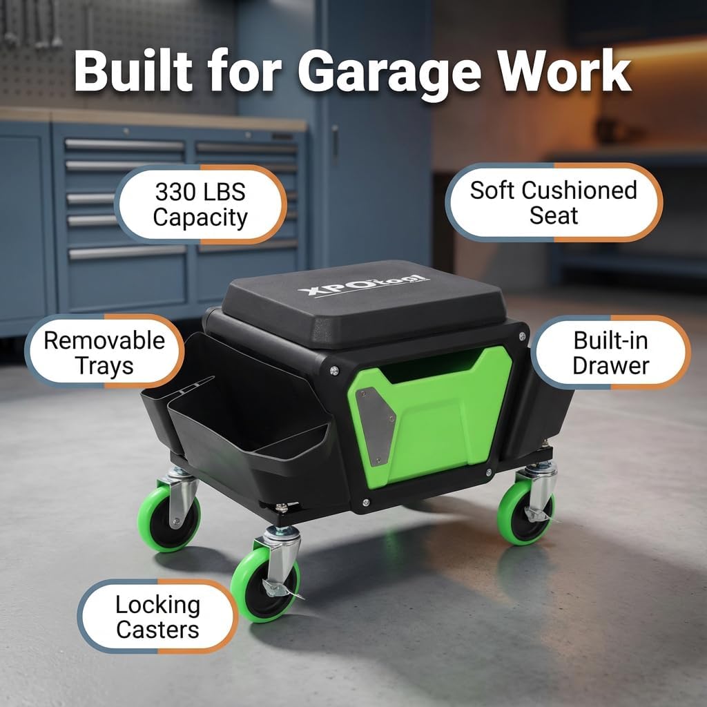 Rolling Mechanics Stool, Heavy-Duty 330 lbs Capacity Garage Creeper Seat with Soft Cushioned Top, Removable Trays & Drawer, Locking Casters, Ideal for Auto Detailing, Repair & Workshop Use, Green