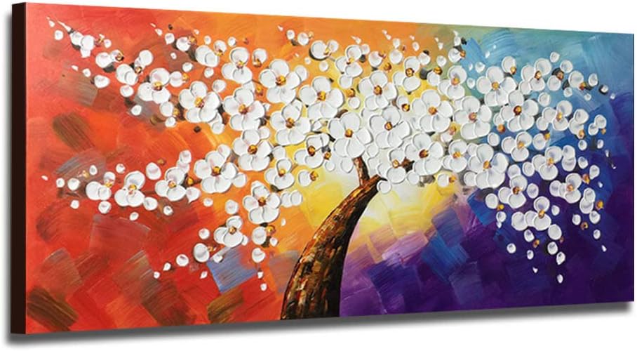 Canvas Wall Art 100% Hand-Painted White Flowers Tree 3D Oil Painting Thick Textured, Modern 48"x24" One Panel Extra Large Size Artwork Picture Framed for Living Room Bedroom Home Office Wall Decor
