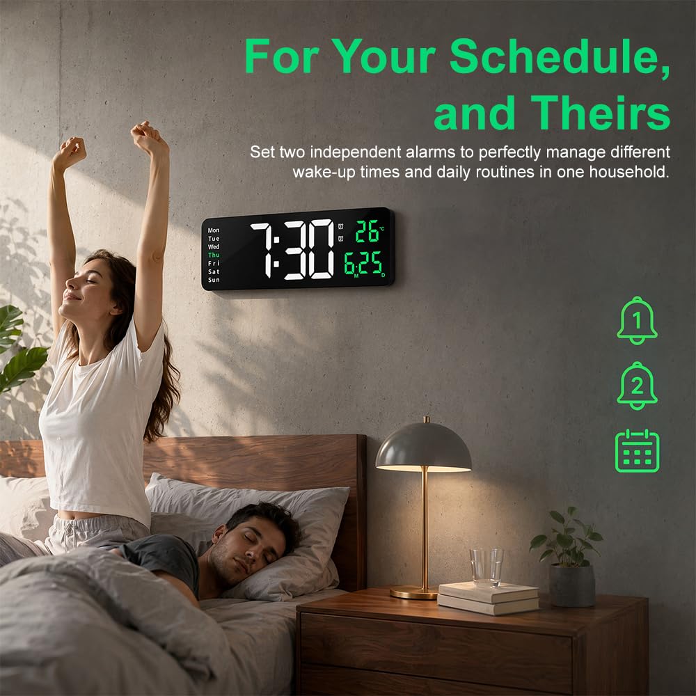 40,6 cm große digitale Wanduhr, LED-Digitaluhr mit Fernbedienung, Datum, Woche, Temperaturanzeige, Dual-Alarme, 12/24 Stunden, 10-stufiger Dimmer, Countdown-Timer für Wohnzimmer, Büro, Küche (grün)