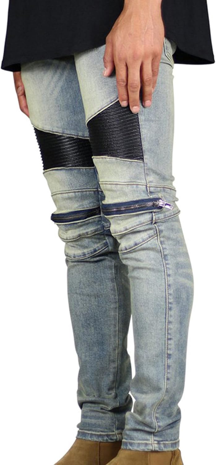 JEsilunmaMY Men's Pleated Skinny Biker Jeans Zipper Deco Hip Hop Stretchy Denim Pants Slim Fit Distressed Straight Fit Jeans