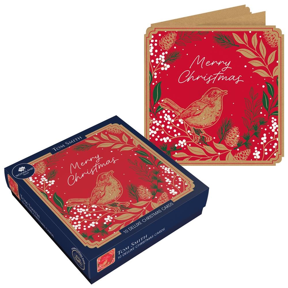 Tom Smith Deluxe Christmas Cards Pack - 10 Luxury Xmas Cards & Metallic Envelopes - Seasonal Red Robin & Foliage Designs - Recycled Eco Friendly Square Christmas Card Set