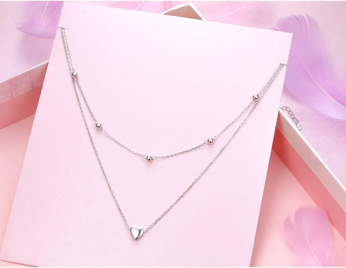Layered Choker Necklaces for Women S925 Sterling Silver Circle/Heart/Cross/Star Multi Layered Necklace Handmade Bead Chain Adjustable Jewelry for Birthday