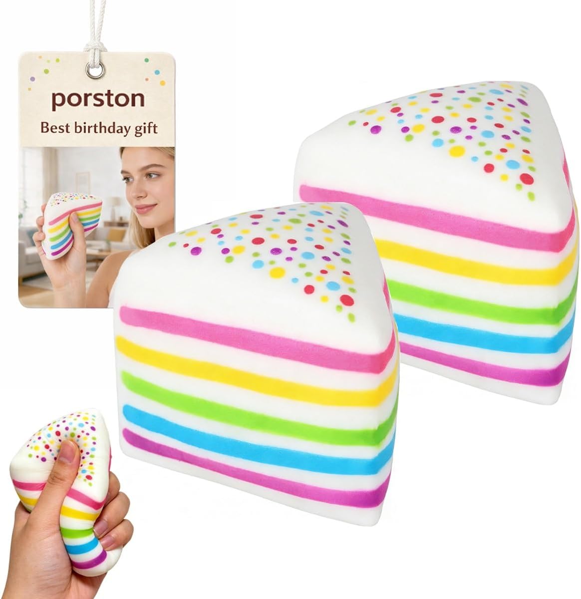 Rainbow Cake Squishies Jumbo Slow Rising Squishy Fidget Sensory Stress Relief Giant Squeeze Ball Soft Anxiety Toy, Layer Cake Slice Colorful Desk Gift for Adults Birthday Party(2pcs#)