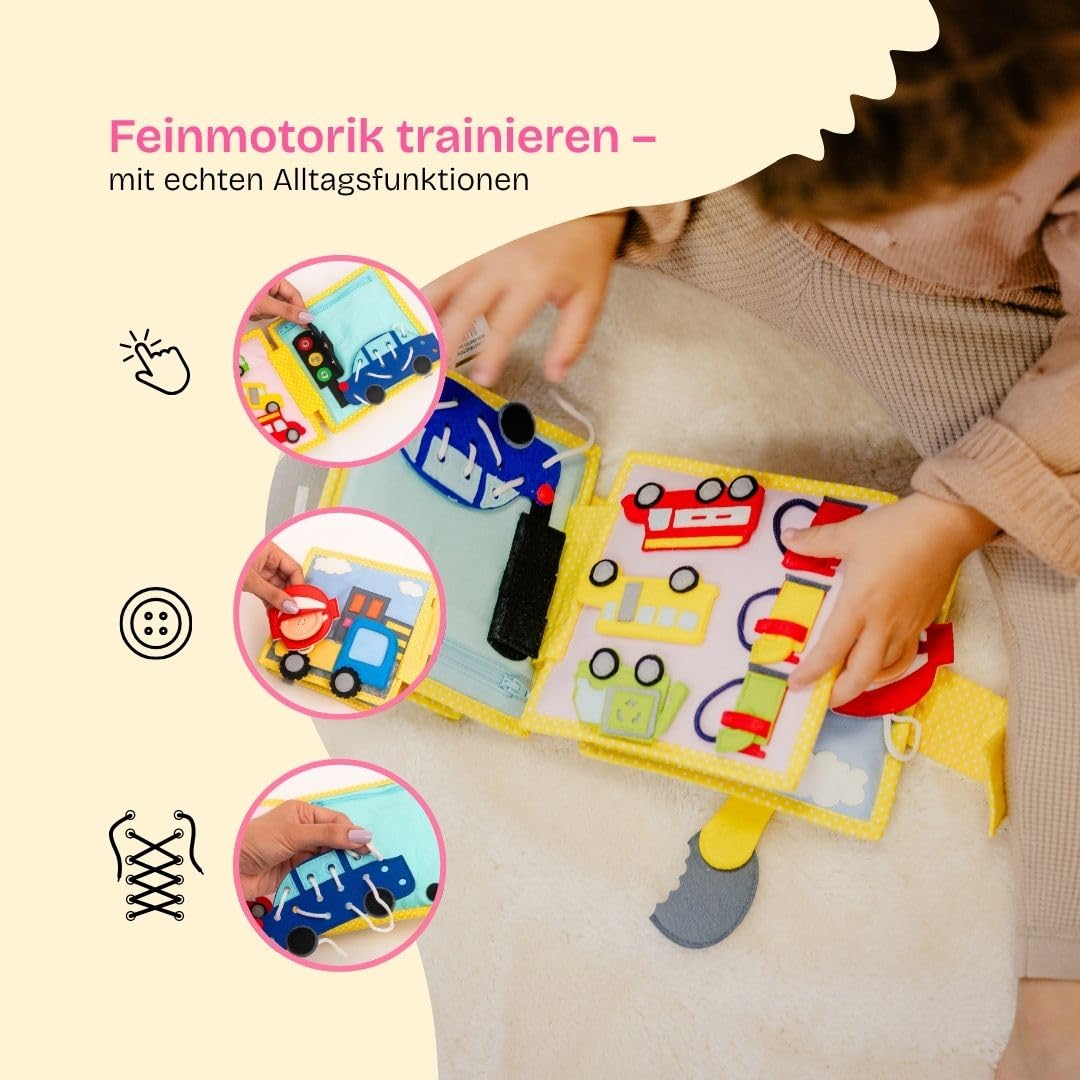 Jolly Designs Mini Quiet Book Mein erster Bagger – Montessori Spielzeug ab 18 Monaten – Busy Book & Stoffbuch aus Filz – Lernspielzeug zu Fahrzeugen & Verkehrsregeln – Motorikbuch für Kleinkinder
