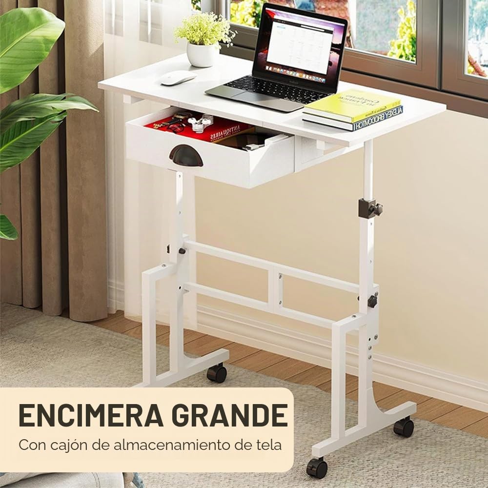 Escritorio Ajustable con Cajón de Tela y Ruedas | Altura regulable de 80 a 110 cm, Superficie de 81 × 40 cm, Blanco, 4 Niveles de Ajuste, Ideal para Trabajo y Estudio
