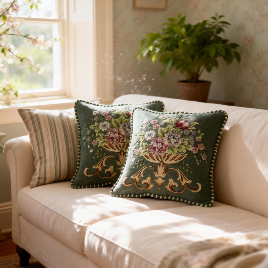 Set of 2 Green 18x18 in Vintage Embroidered Throw Pillow Covers for Sofa Cushion, Decorations Indoor Pillow Covers for Livingroom,Bedroom - Image 2