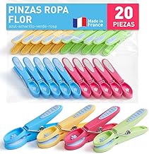 Strong Clothes Pegs – 20 Non-Marking Clothes Pegs – Durable Plastic and BPA-Free – Made in France – Flower, Blue-Yellow-Green-Pink