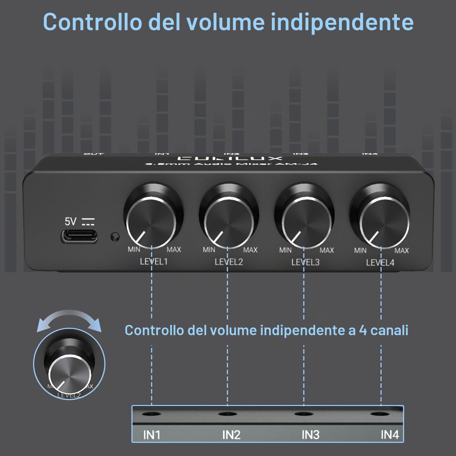 Cubilux Mixer audio a 4 canali con connessioni da 3,5 mm