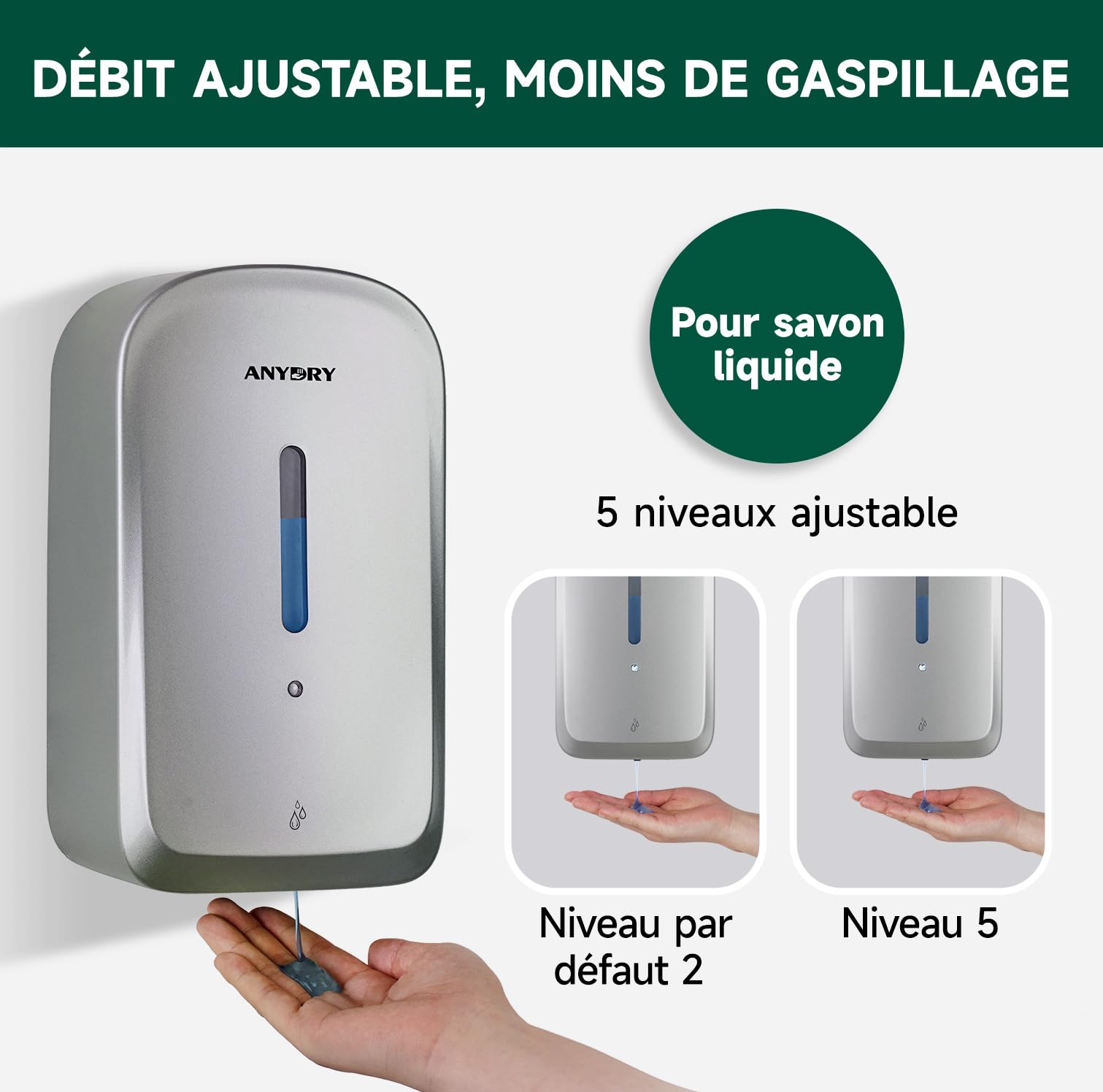anydry Distributeur Automatique de Savon Liquide Professionnel de 1000 ML, à Montage Mural, sans Contact, pour Toilettes à Fort trafic, Bureaux, hôpitaux, modèle 1220S Argent
