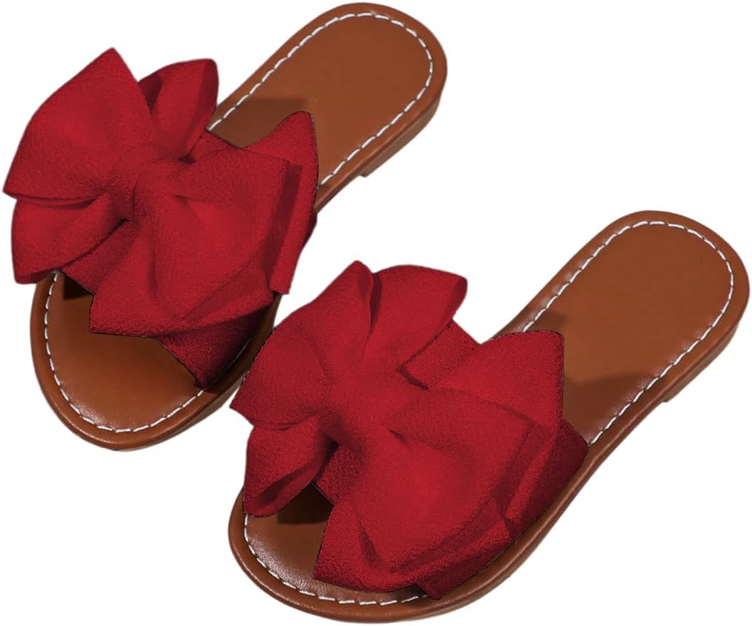 GORGLITTER Girl's Summer Slides Sandals Cute Fashion Trendy Vacation Bow Round Open Toe Dress Flat Sandals