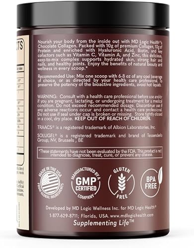 Miniatura 3 de MD Logic Health Colágeno de chocolate con vitamina A, C, zinc, biotina y ácido hialurónico para una piel saludable, cabello, uñas, articulaciones,