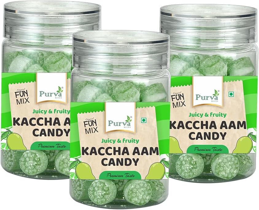 Purva Bites Soft & Juicy Fruit Kaccha Aam Candy (Pack of 3 x 125g) Kaccha Mango Kacchi Kerry, Khatti Mitthi Candy | Sugar Coated, Vegetarian with Natural Fruit Sugar, Colorful & Delicious Flavors