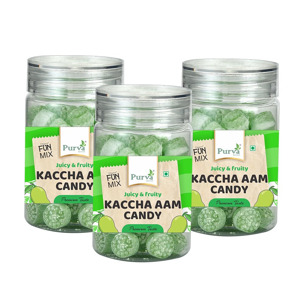 Purva Bites Soft & Juicy Fruit Kaccha Aam Candy (Pack of 3 x 125g) Kaccha Mango Kacchi Kerry, Khatti Mitthi Candy | Sugar Coated, Vegetarian with Natural Fruit Sugar, Colorful & Delicious Flavors