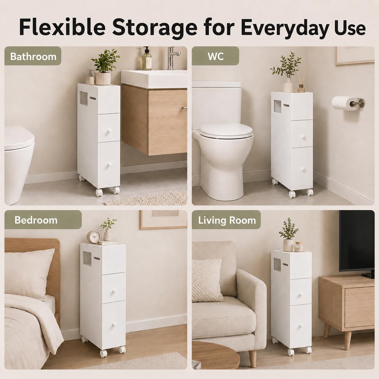 Armadio da bagno sottile larghezza 19,5 cm con 2 cassetti, 1 scomparti aperti e scatola per fazzoletti multiuso per cucina, bagno, 44 x 19,5 x 74 cm