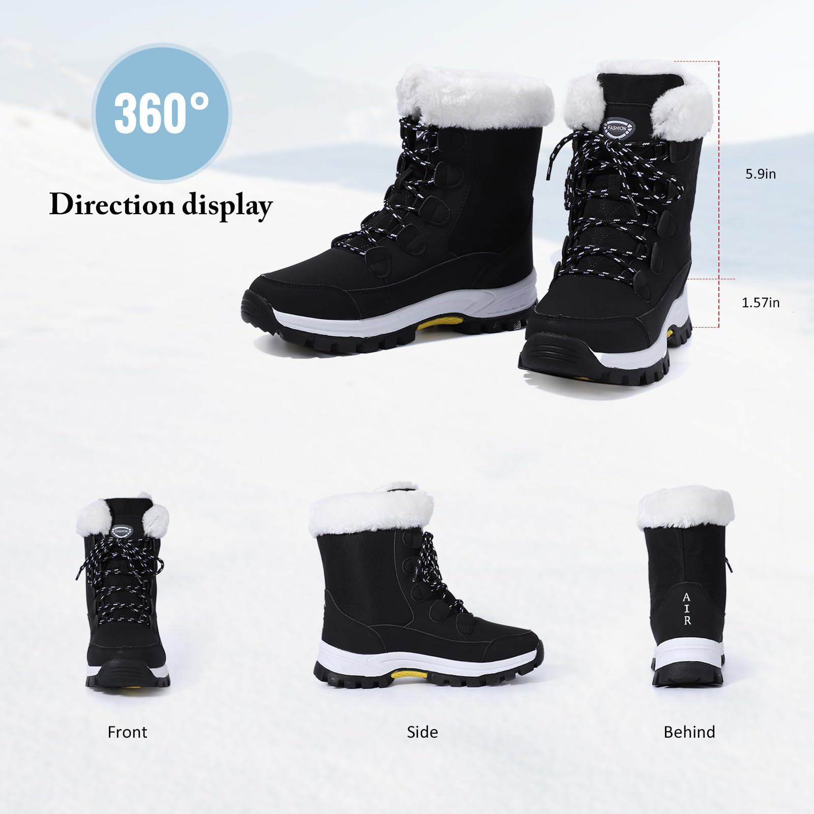 EVEOUT Damskie zimowe śniegowce do połowy łydki skóra PU antypoślizgowe buty outdoorowe z podszewką ze sztucznego futra (obcas 4 cm) do podróży i noszenia na co dzień, Czarny, 40 EU