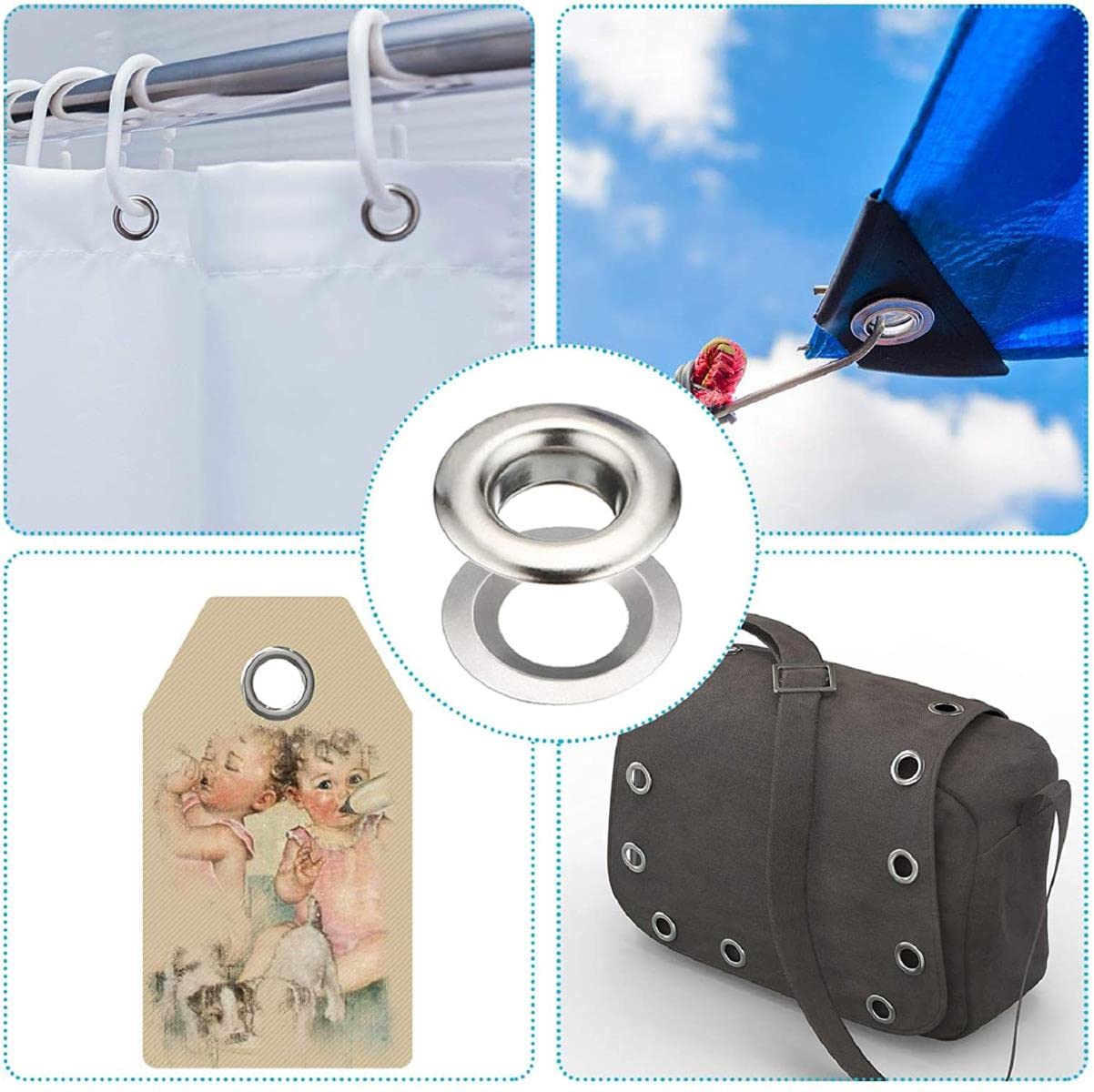 Set di 100 occhielli per occhielli 6 mm, 10 mm, 12 mm, 14 mm, diametro interno argento, per vestiti, scarpe, borse, artigianato in pelle, fai da te, 100, set da 14 mm