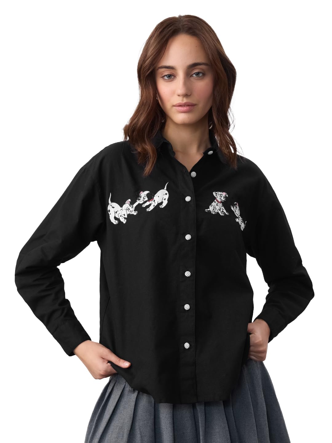 the souled store Dalmatian Charm: Women and Girls Full Sleeves Spread Collar Black Embroidered Cotton Linen Oversized Fit Lightweight Comfortable All-Season Casual Streetwear Boyfriend Shirt-picture-45