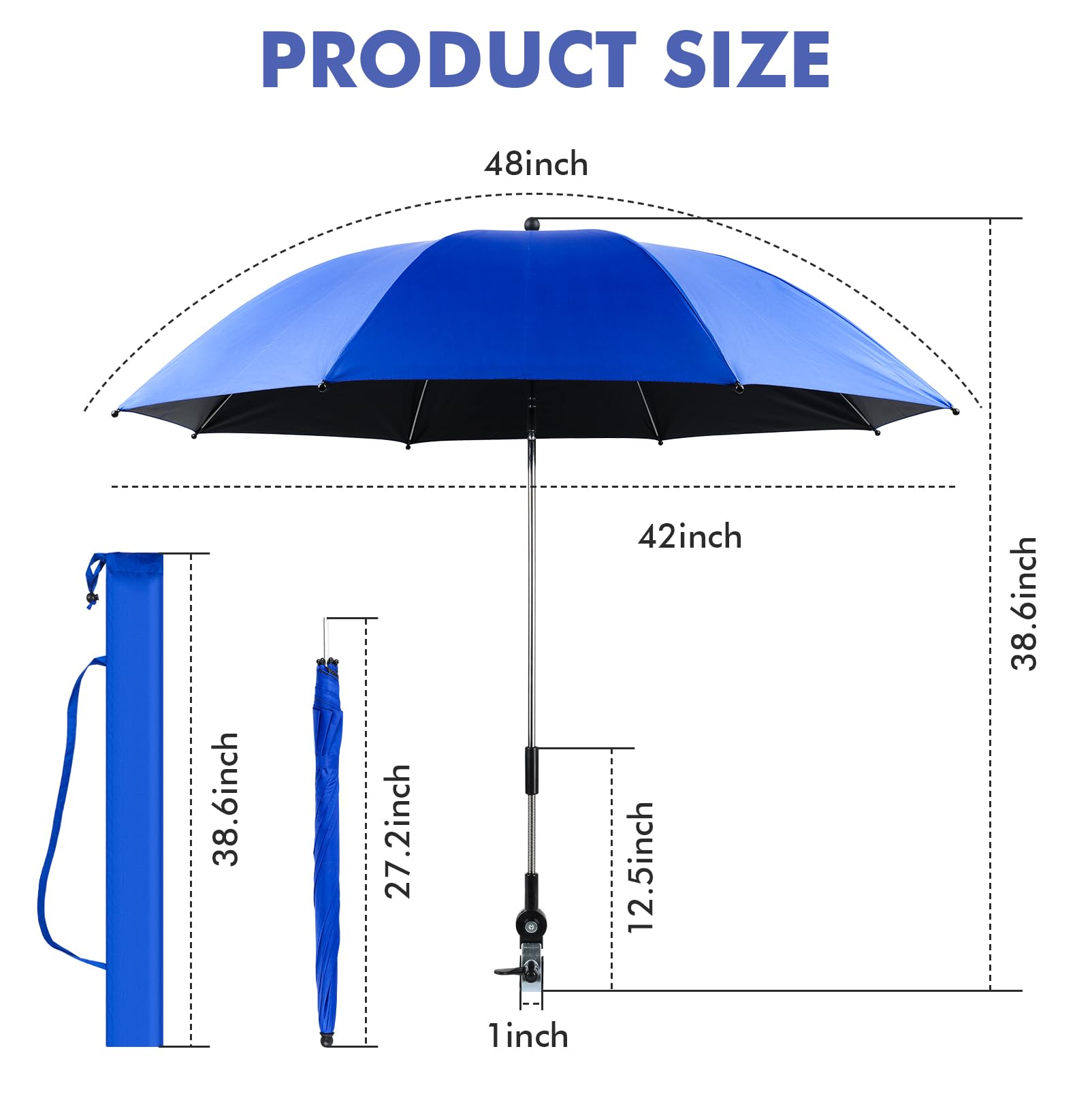 LIROPAU Parasole na krzesła z regulowanym zaciskiem, UPF 50+ parasol na krzesło z uniwersalnym zaciskiem, regulowany 360° parasol na krzesło, abażur Umbr-ella, przenośny parasol ogrodowy, krzesło