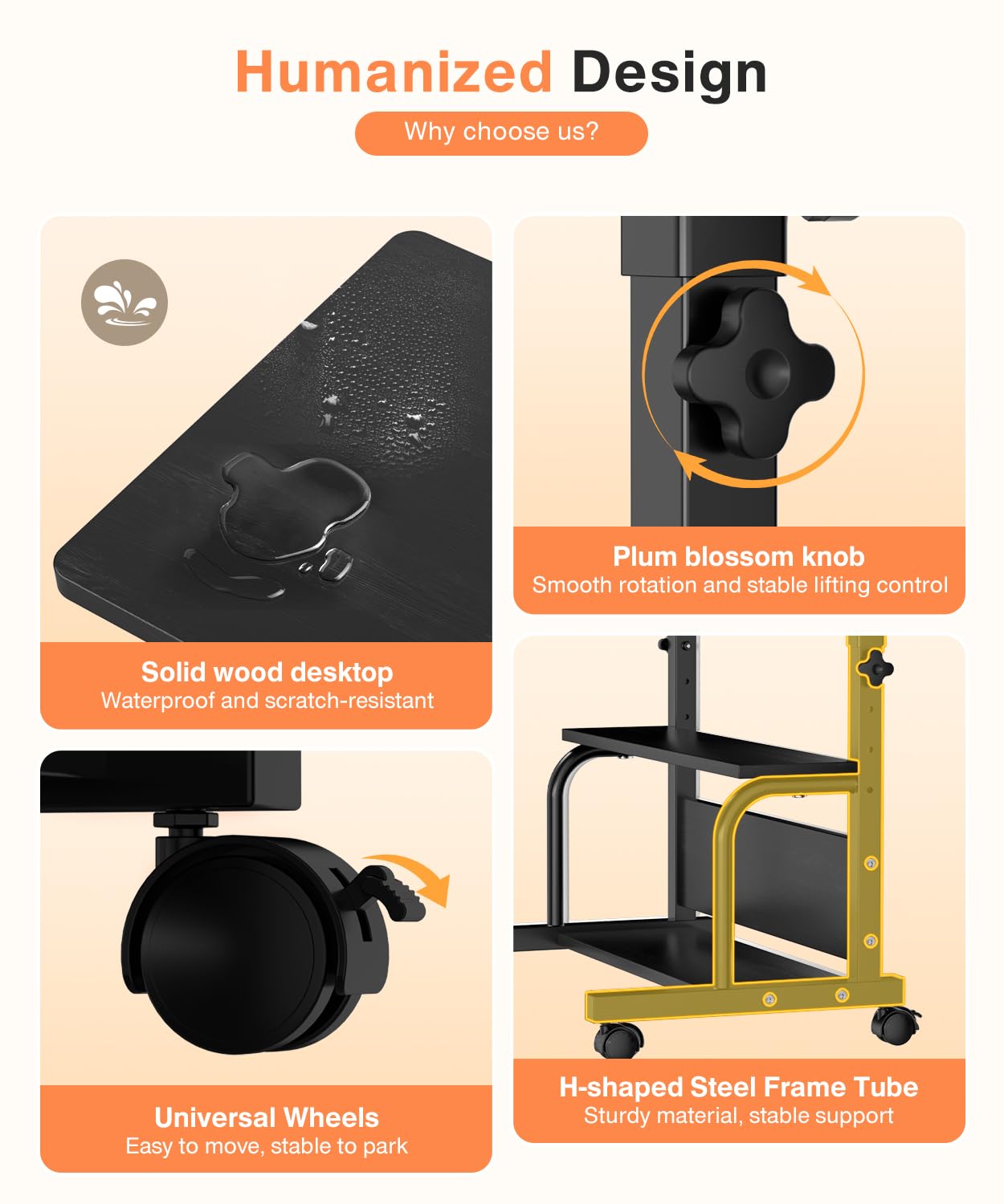 Escritorio portátil con ruedas de altura ajustable para espacios pequeños, escritorio de computadora de 32 pulgadas con estantes de almacenamiento para oficina en casa, color negro 4