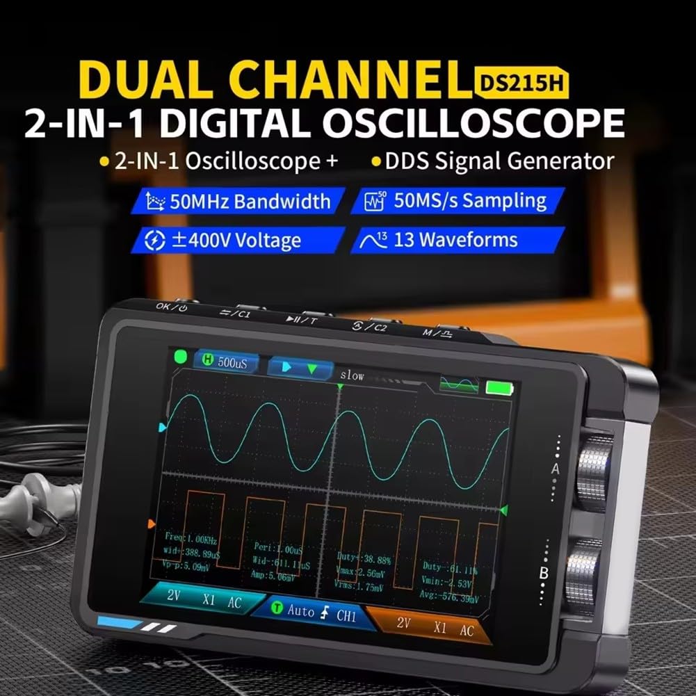 DS215H Oscilloscope à stockage numérique à double canal Bande passante 50 MHz avec générateur de signal 250 MSa/s Taux d'échantillonnage Écran HD de 3,5 pouces (DS215H de haute qualité)