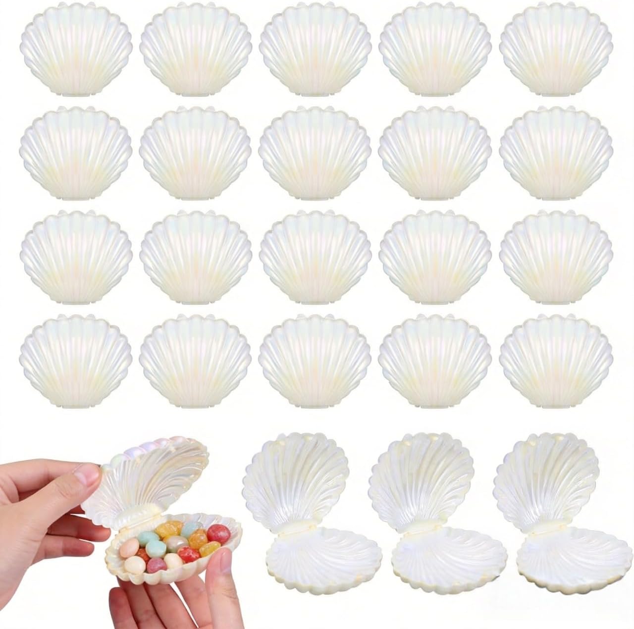 DOITOOL 30 Pcs Seashell Party Favors White Plastic Seashells Candy Boxes Clam Shell Party Favors Mermaid Container Small Jewelry Storage For Wedding Bridal Shower Birthday Decoration