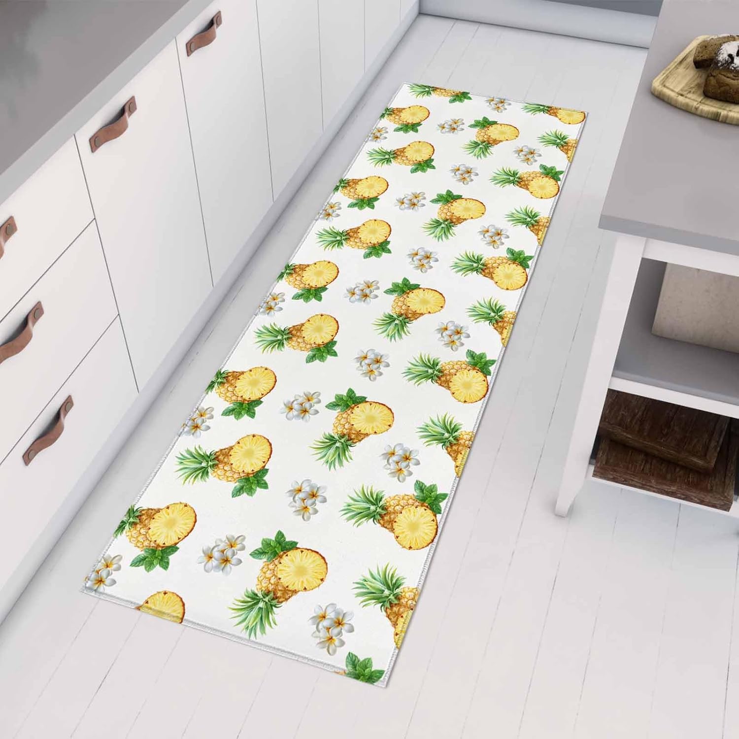 Teamery Kitchen Mats for Floor Summer Watercolor Pineapple Washable Non Slip Kitchen Rugs 1PCS, Seamless Fruit Flower Art Absorbent Standing Mats for Sink Bathroom Office Living Room 15.7x47.2in