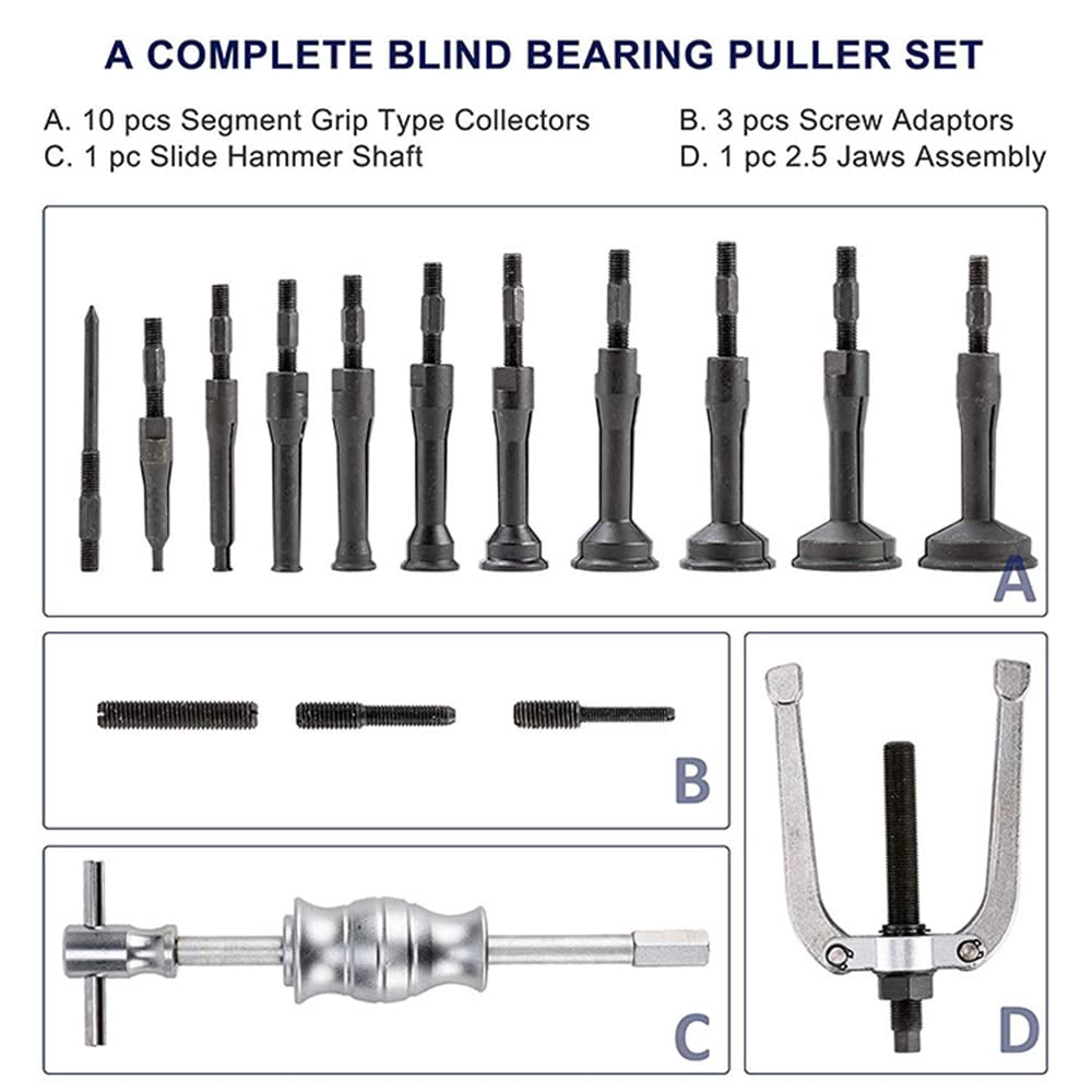 Kit d'extracteur de roulement et de joint de bague de roulement à trou borgne 16 pièces Extracteur de roulement intérieur Marteau coulissant Outil de retrait de roulement à insert pilote Réparation
