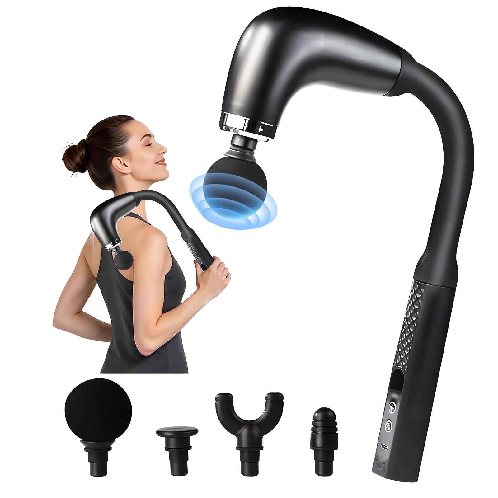 Masajeador de espalda para aliviar el dolor, pistola de masaje muscular con mango extendido, masajeador corporal de tejido profundo para cuello, hombros, piernas, alcanza todos los músculos con