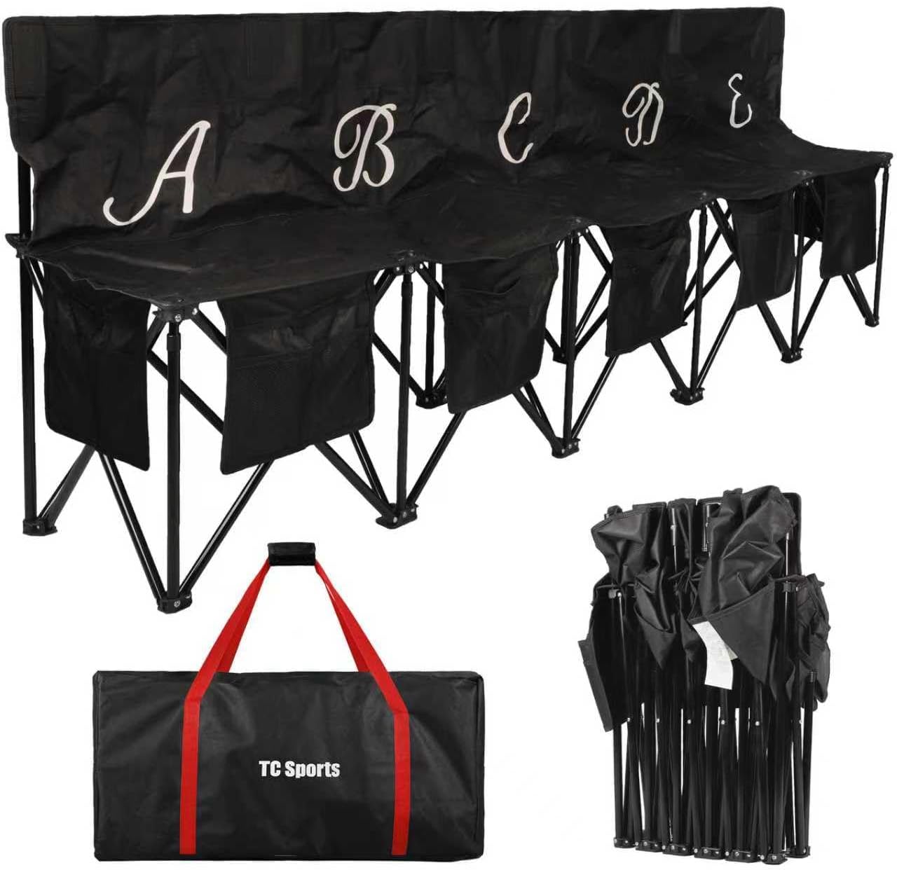 Portable Soccer Bench–5 Seat Folding Team Chair with 7 Individual Storage Pouches–Sideline Seating for Soccer,Baseball,Camping, Folding Bench,Black