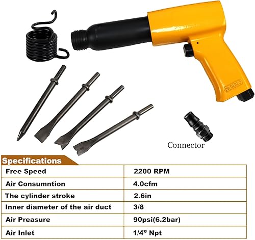 Miniatura 5 de Kit de martillo neumático, con cincel de aire de 5 piezas, herramienta de martillos neumáticos con reducción de vibración para trabajos metálicos,