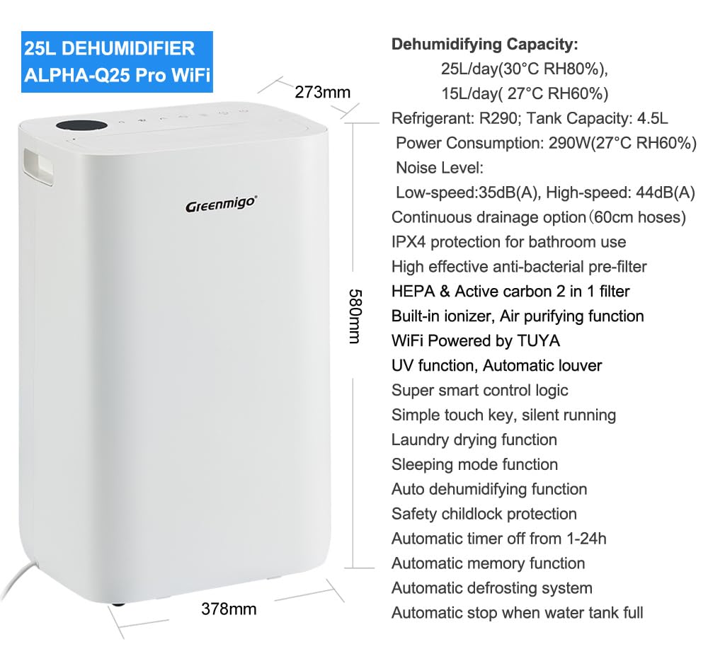 Deumidificatore 25L/24h,Deumidificazione Smart Adatto fino a 70m2,WiFi,Ionizzatore,Filtro Hepa Filtro e ai Carboni Attivi,Scarico Continuo,Serbatoio 4.5 Litri,Timer(ALPHA-Q25 Pro WiFi)