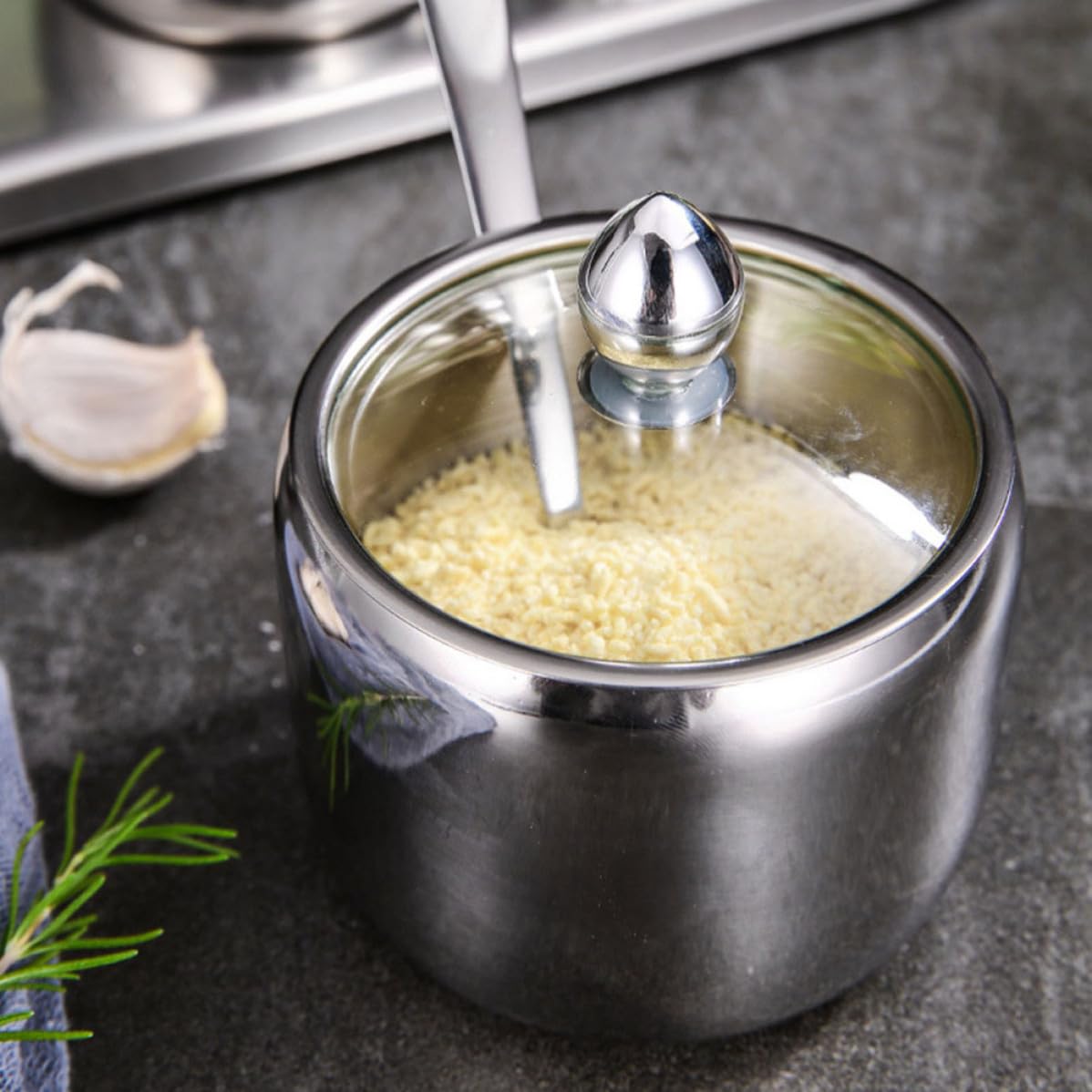 Barattoli per Spezie in Acciaio Inox 304 con Base, Contenitori Condimenti Multifunzionali e Alimentari, Design Moderno Argento per Buffet e Tea Party