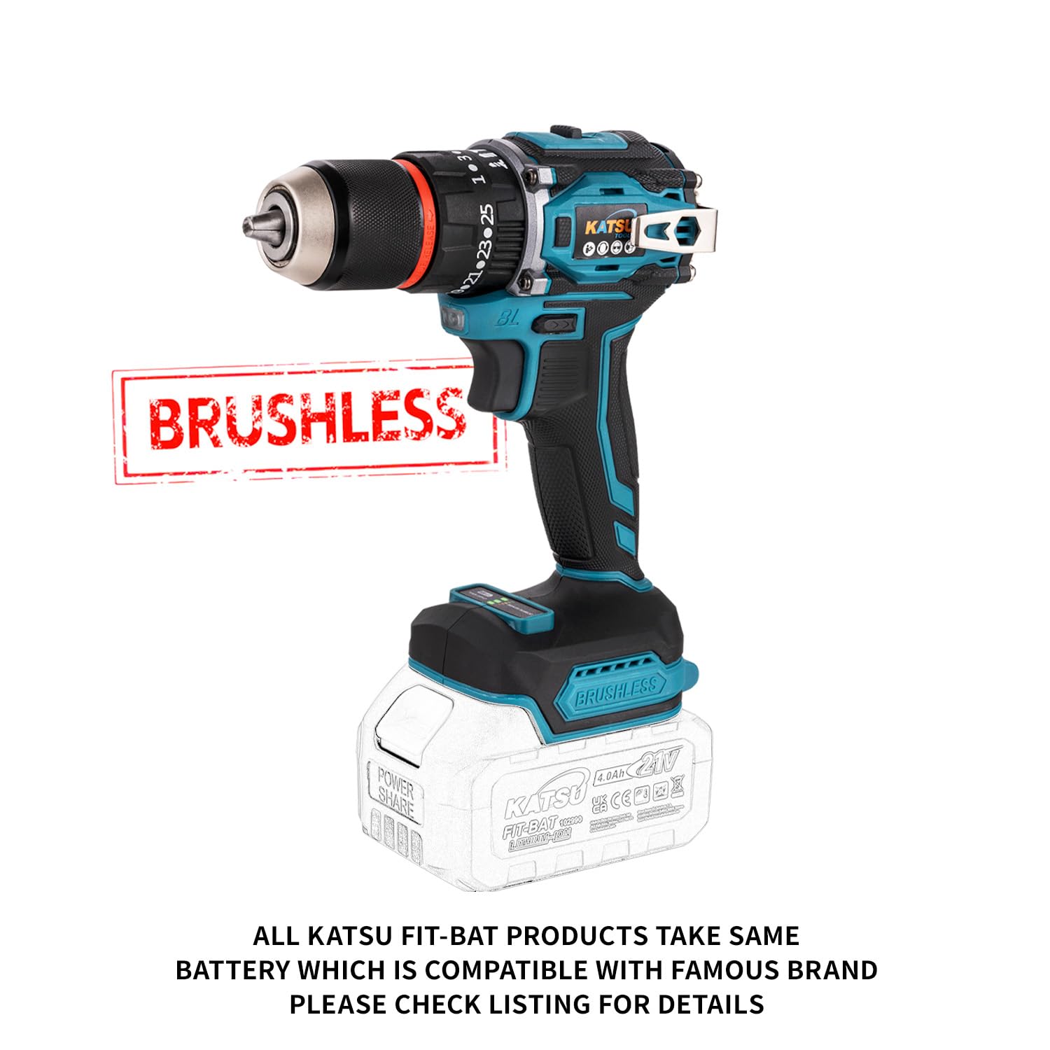 KATSU FIT-BAT de 21 V Taladro atornillador de impacto inalámbrico sin escobillas, portabrocas de 13 mm, sin batería 102624