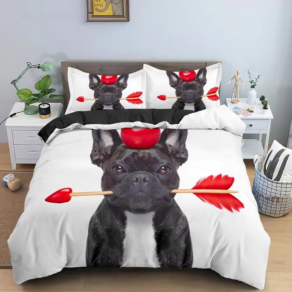 Housse de couette bouledogue anti-glisse 240x260 cm douce pour grand lit