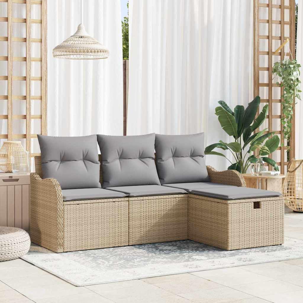 Set di 4 divani da giardino in polyrattan, tavolo lounge beige