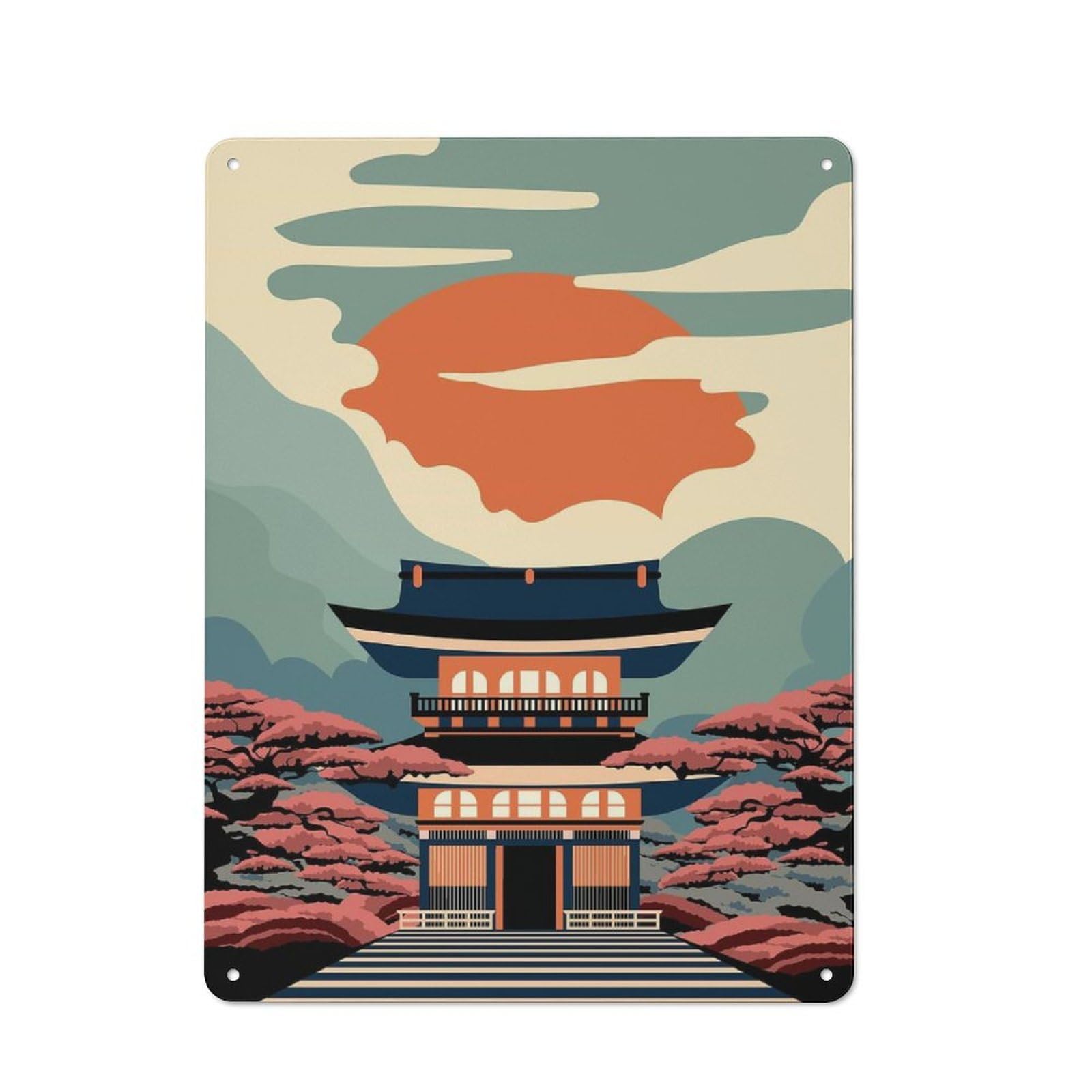 Pagoda Blossoms Country Vintage Metal Wall Decor 40x30cm, Decorative Tin Sign for Cottage, Kitchen, Hallway Or Breakfast Nook