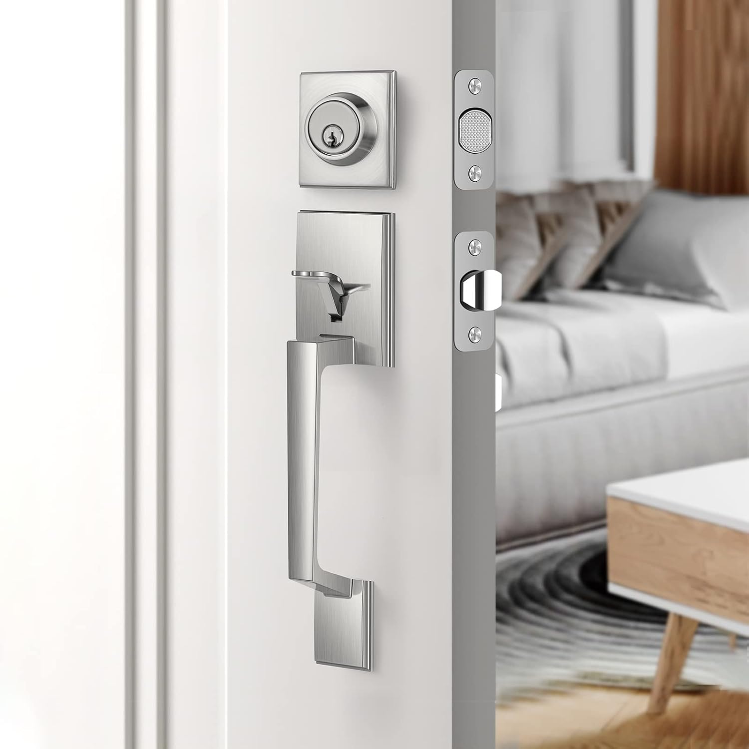 Front Door Handleset with Deadbolt Entry Door Handle with Door Lever for Right & Left Sided Doors Satin Nickel